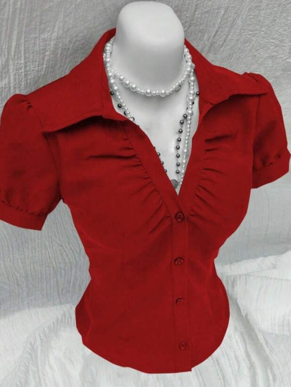 Women’s Red Button-Front Ruched Blouse - Picture 2 of 8